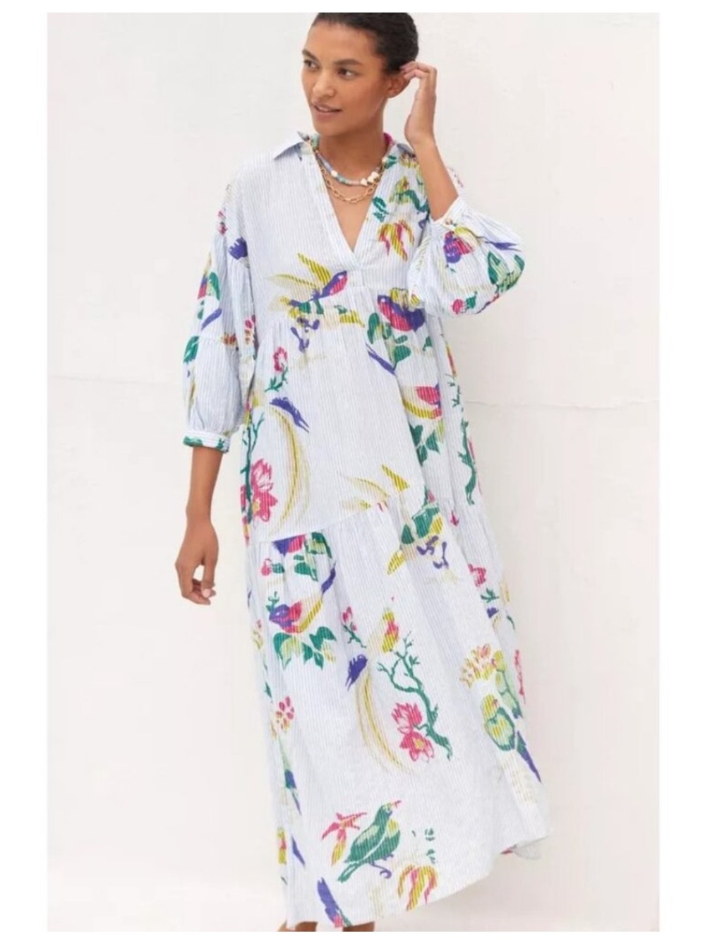 Anthropologie White Maxi Dress with Colorful Floral & Bird Print